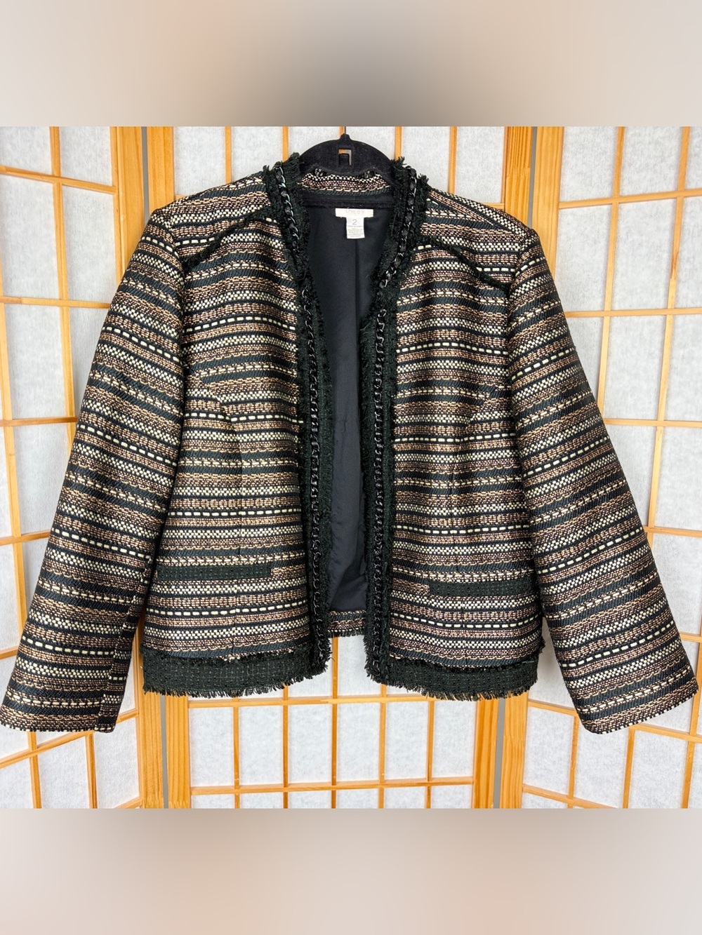 Chico's Tweed Metallic Open Front Jacket Collarless Gold Fringe Size 2